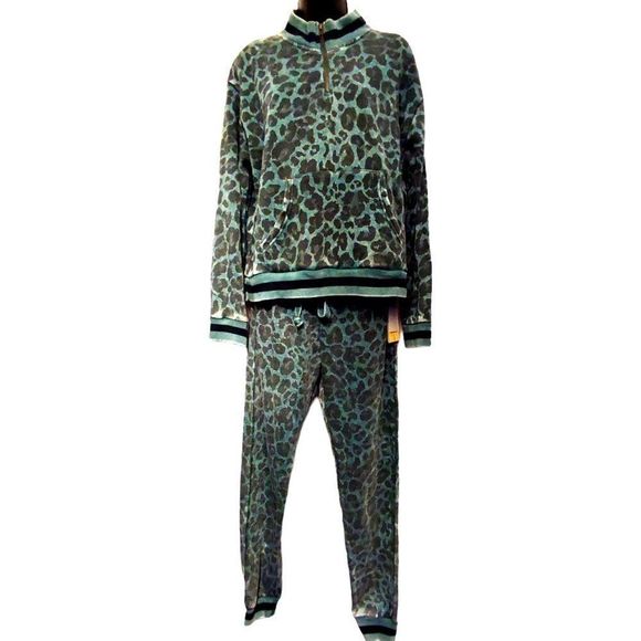 Vintage Havana Animal Print Sweatshirt and Joggers Set Teal Leopard M
